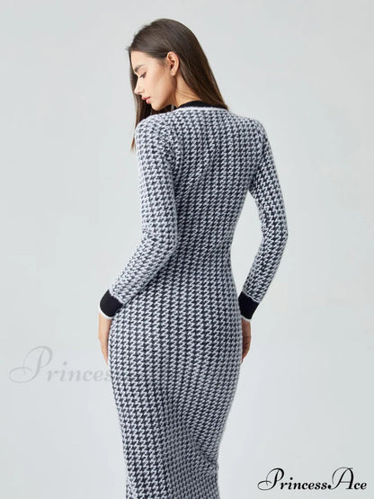 Contrast Trim Herringbone Trendy Bodycon Sweater Midi Dress