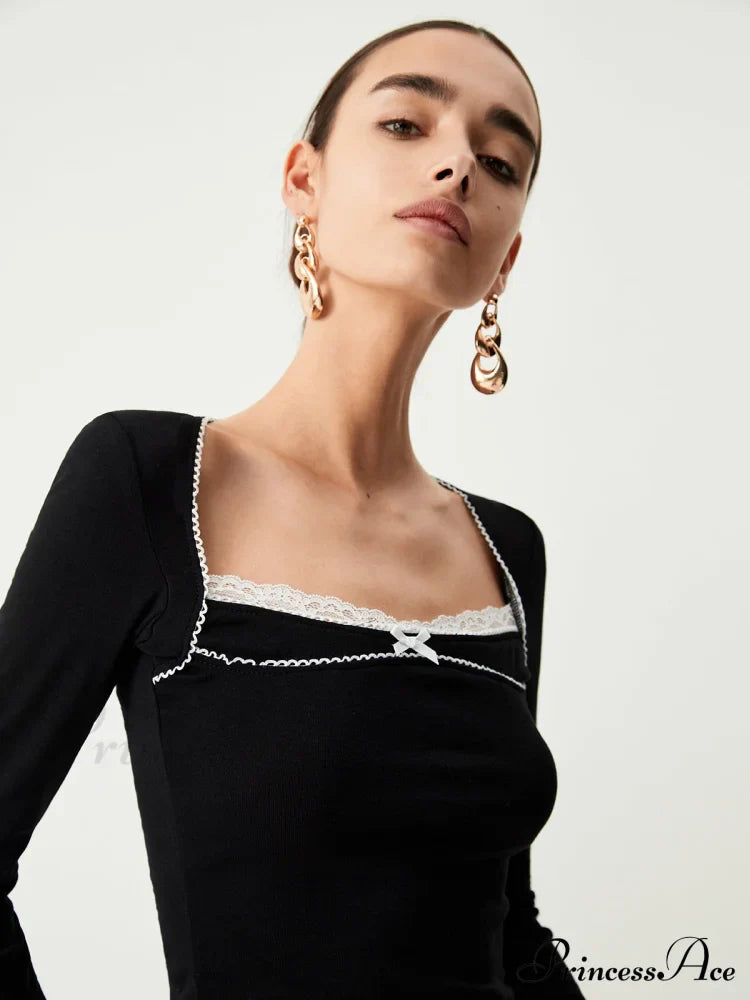 Contrast Trim Lace Trendy Long Sleeve Crop Top