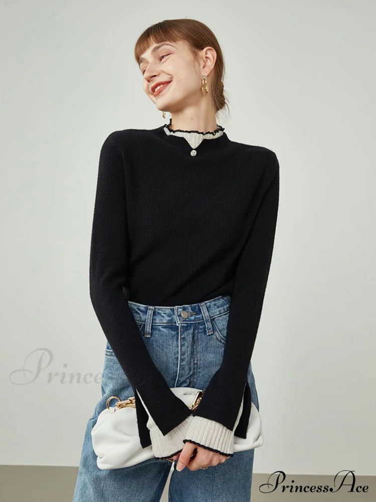 Contrast Trim Mock Trendy Neck Knit Top