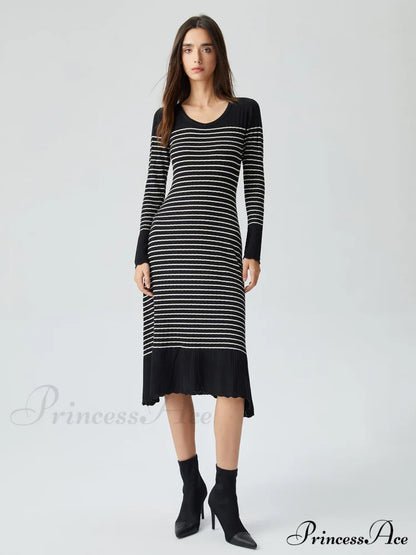 Contrast Trim Striped Crew Modern Neck Knit Sweater Dress
