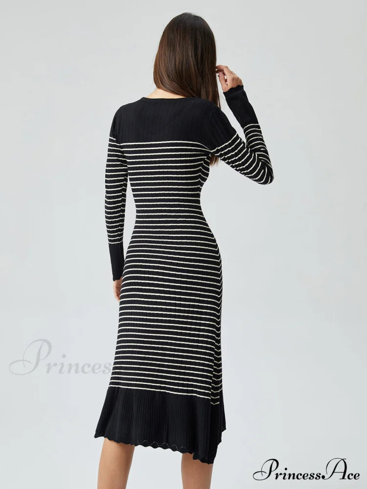 Contrast Trim Striped Crew Modern Neck Knit Sweater Dress