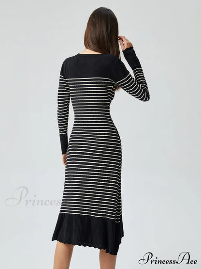 Contrast Trim Striped Crew Modern Neck Knit Sweater Dress