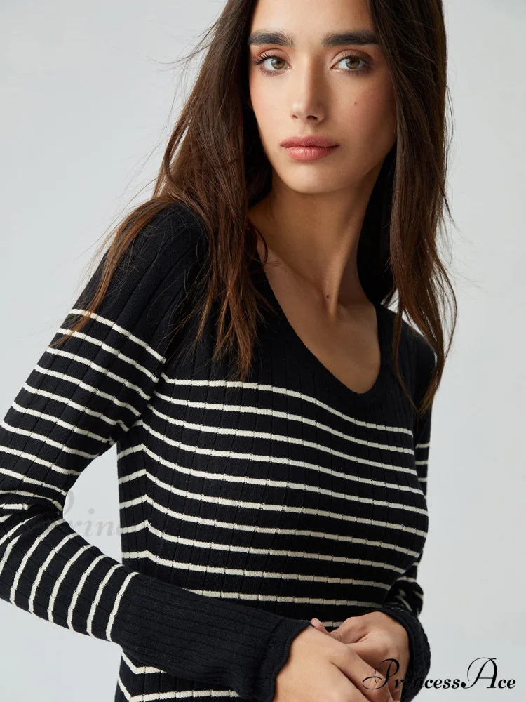 Contrast Trim Striped Crew Modern Neck Knit Sweater Dress