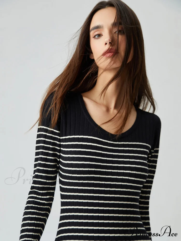 Contrast Trim Striped Crew Modern Neck Knit Sweater Dress