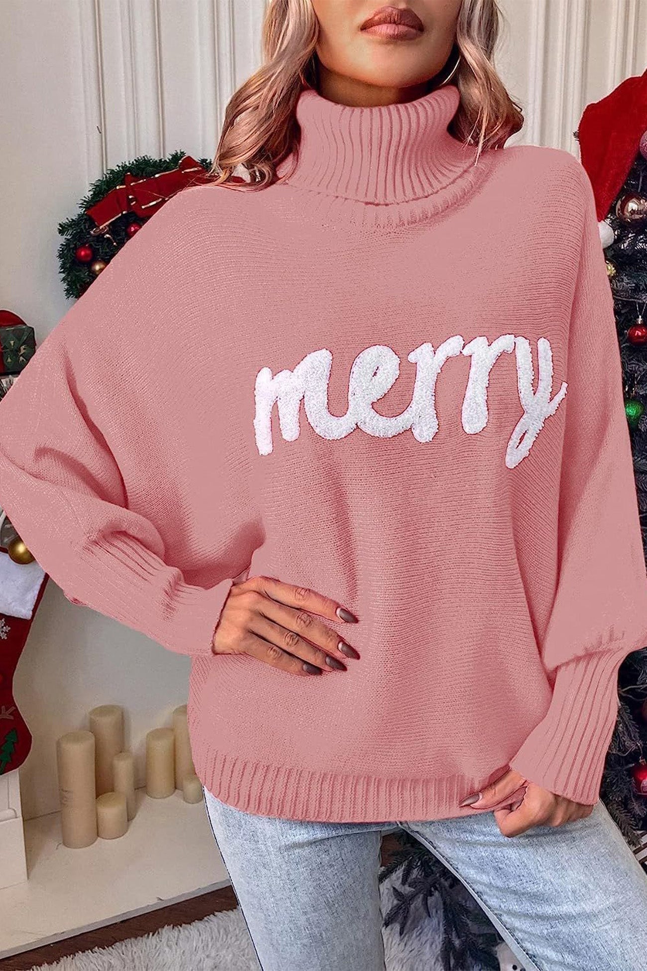 Theresa | Cheerful turtleneck knit sweater with printed sleeves