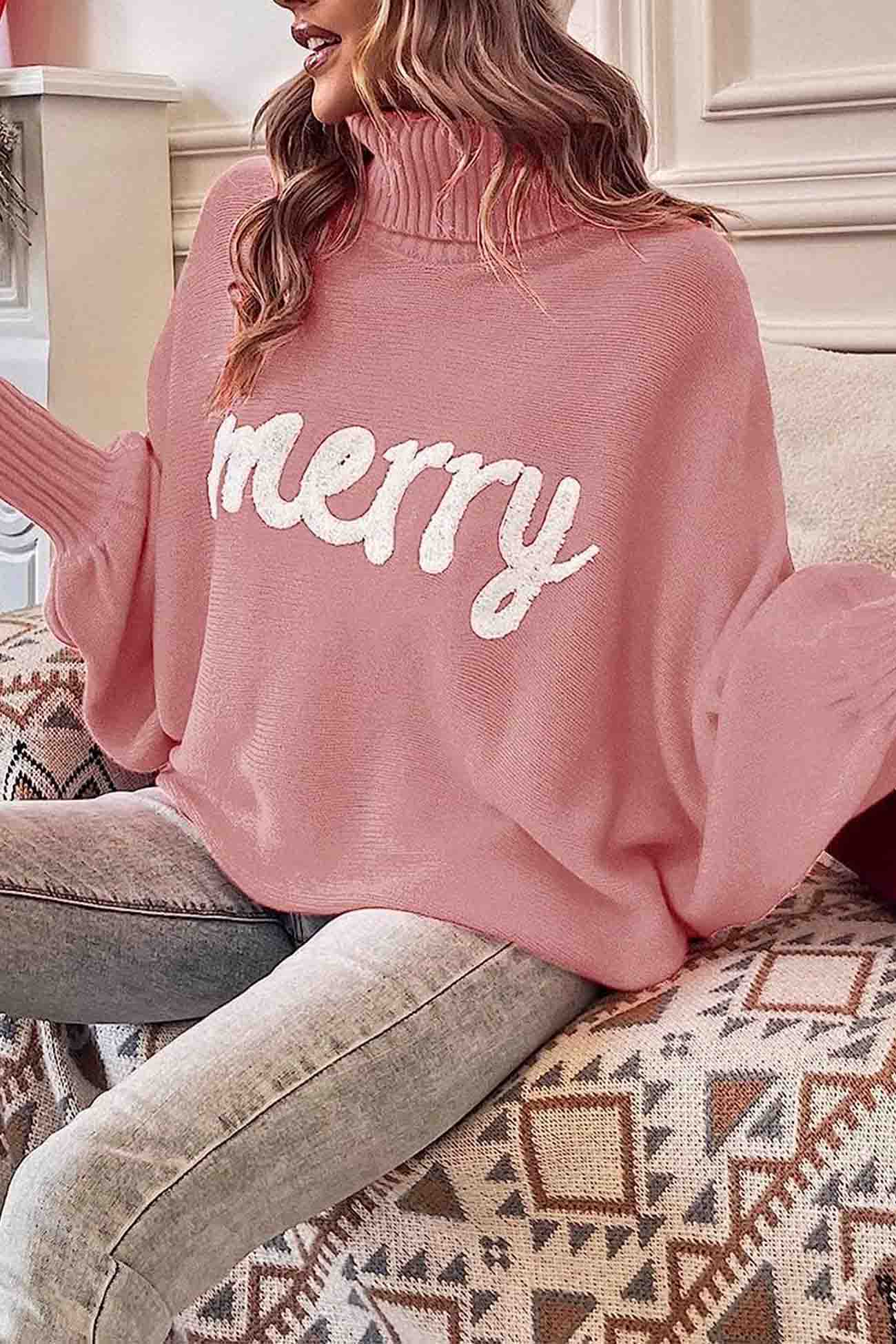 Theresa | Cheerful turtleneck knit sweater with printed sleeves