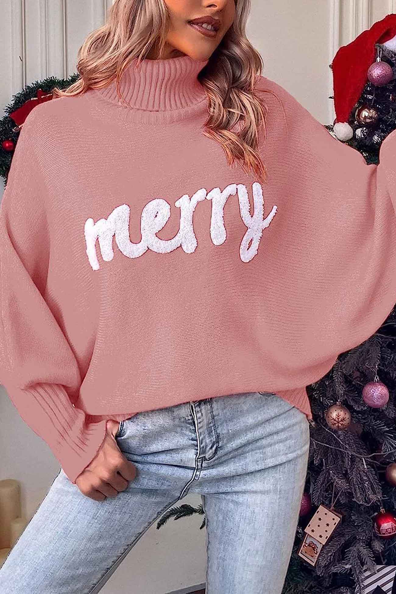 Theresa | Cheerful turtleneck knit sweater with printed sleeves