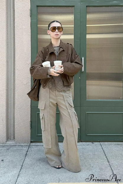 Corduroy Paneled Double Pocket Cargo Pants