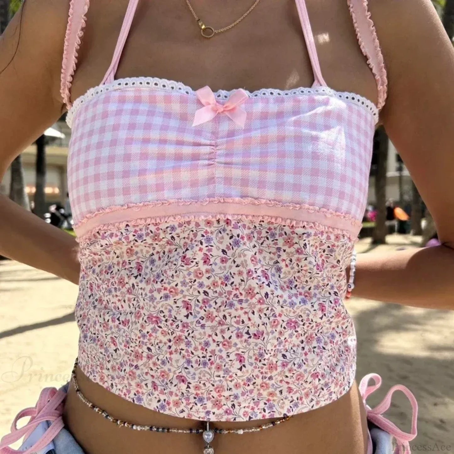 Cottage Floral Plaid Patchwork Y2K Lace Trim Backless Tie Up Retro Vest Crop Top