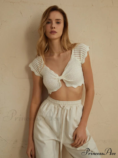 Cotton Eyelet Lettuce Trendy Trim Crop Knit Top