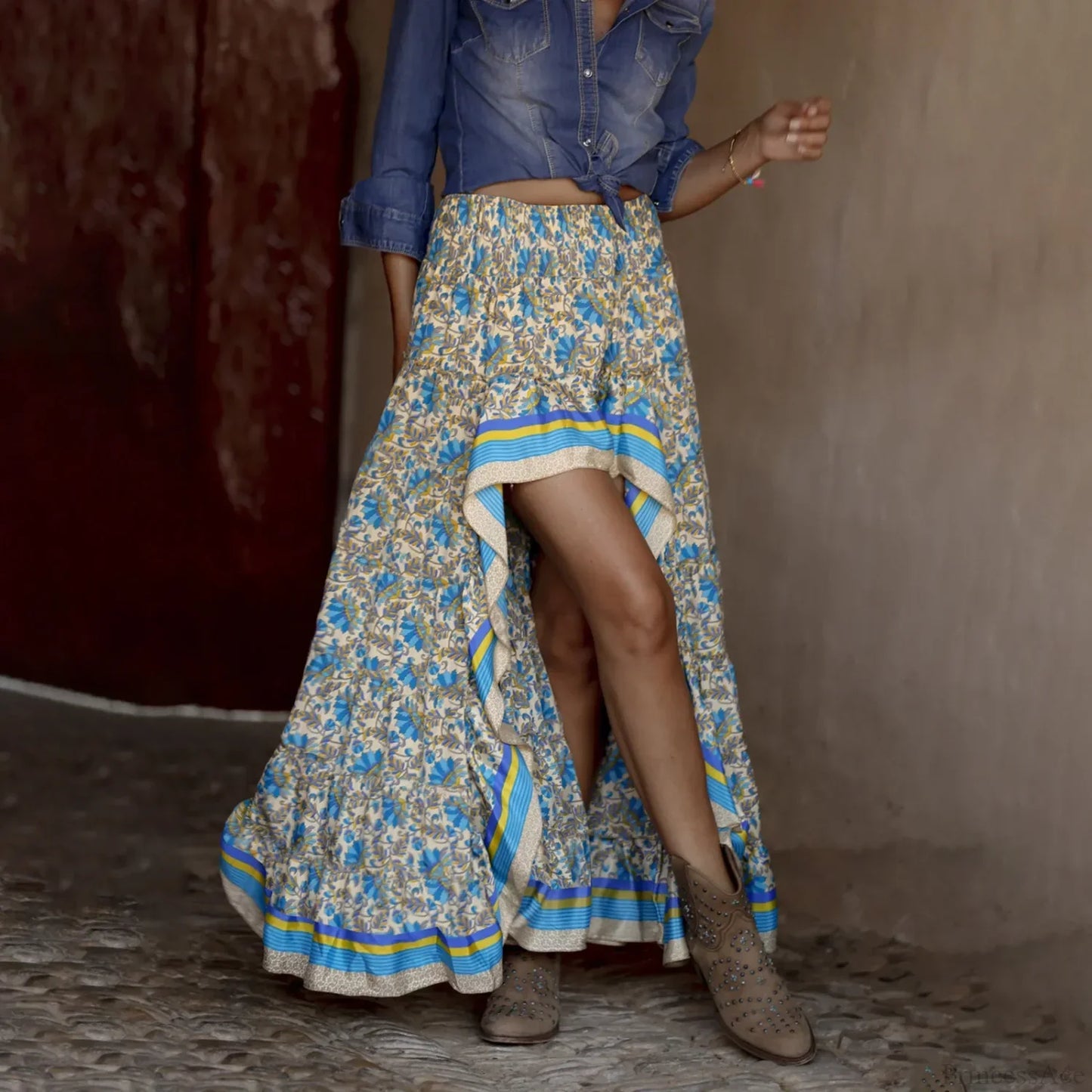 Cotton Floral Print Streetwear Pleated Skirt