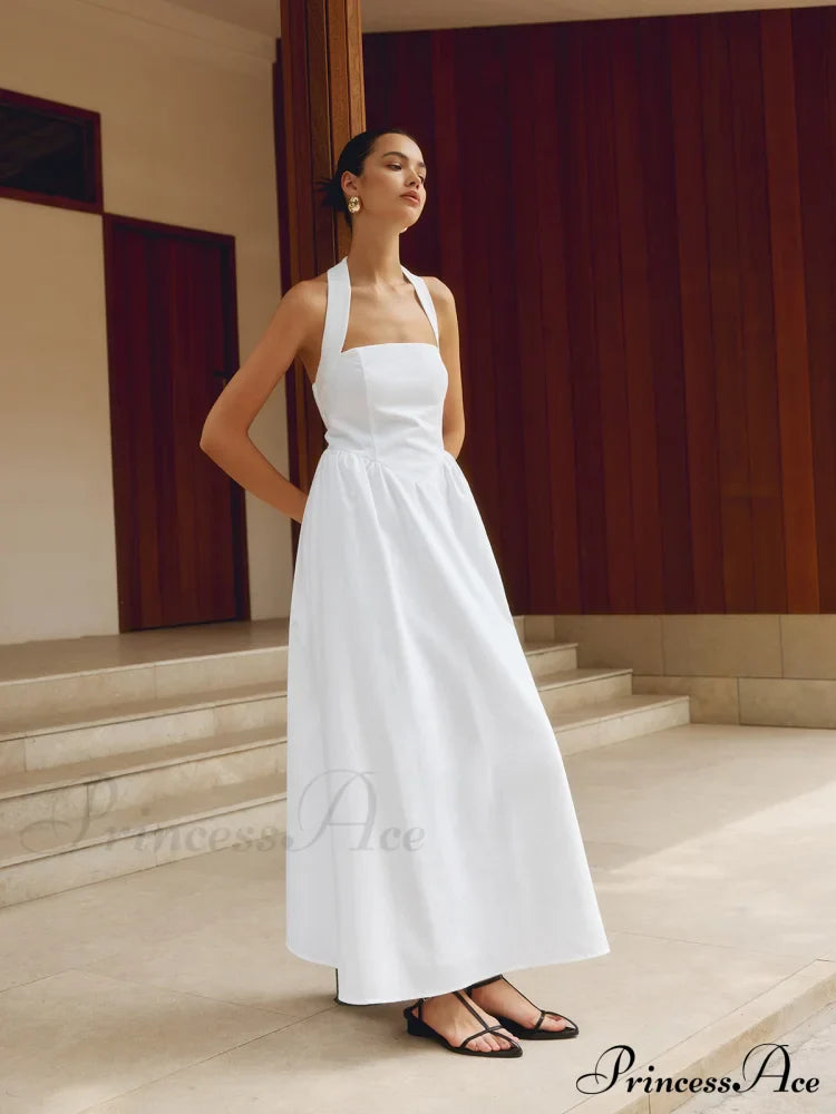 Cotton & Linen Halter Modern A Line Long Dress
