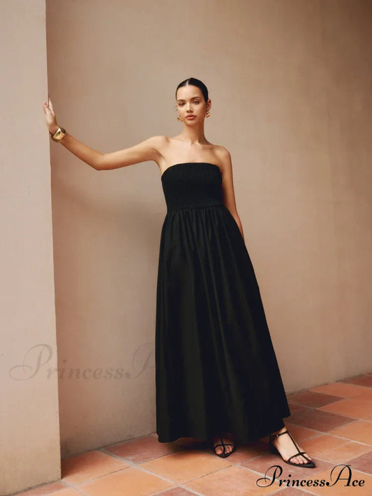 Cotton & Linen Trendy Pleat Strapless Long Dress