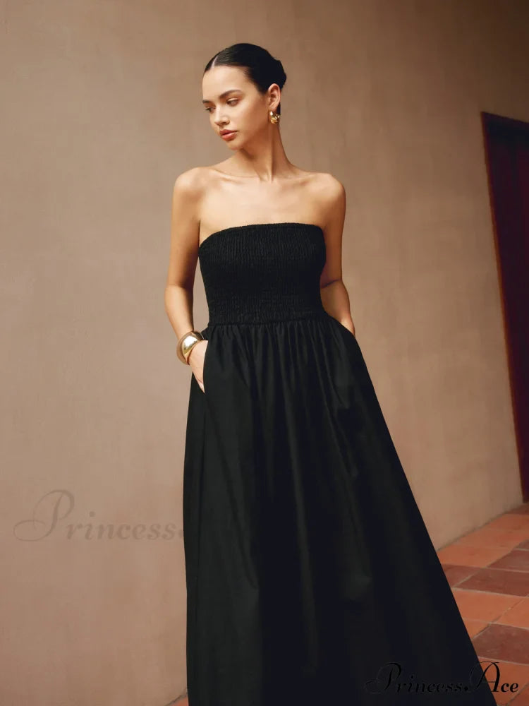 Cotton & Linen Trendy Pleat Strapless Long Dress