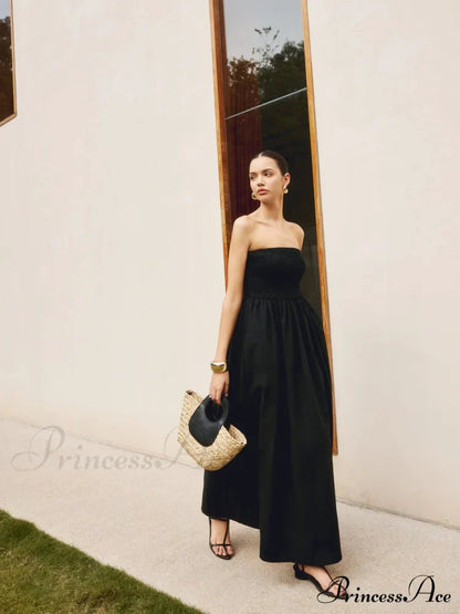 Cotton & Linen Trendy Pleat Strapless Long Dress