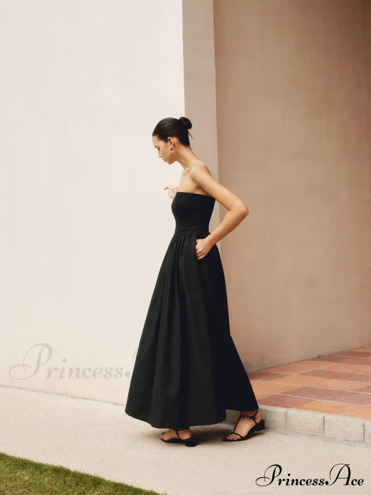 Cotton & Linen Trendy Pleat Strapless Long Dress