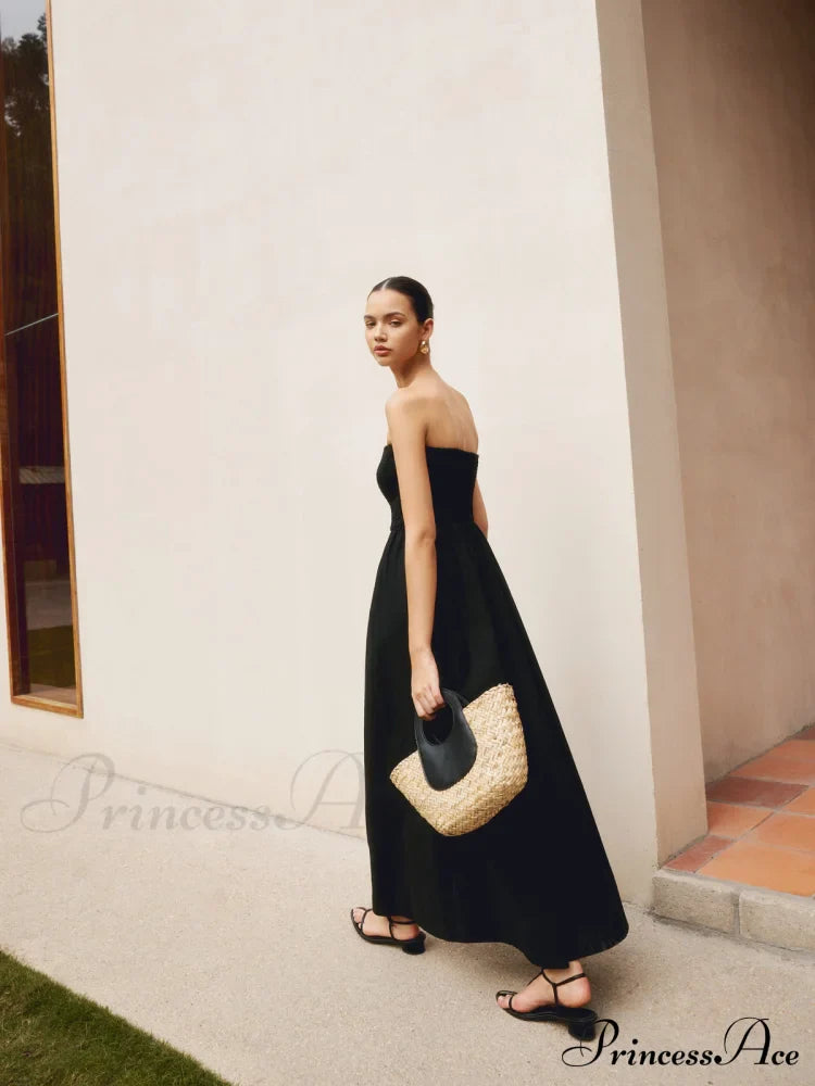 Cotton & Linen Trendy Pleat Strapless Long Dress