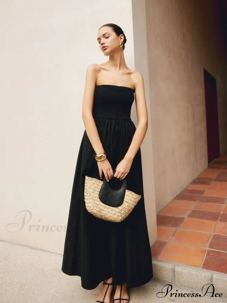 Cotton & Linen Trendy Pleat Strapless Long Dress