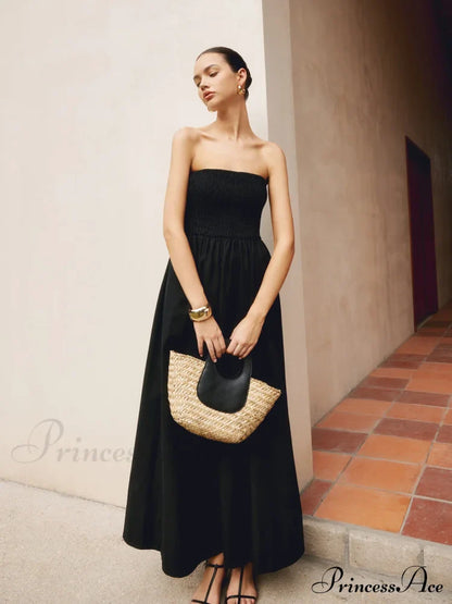Cotton & Linen Trendy Pleat Strapless Long Dress