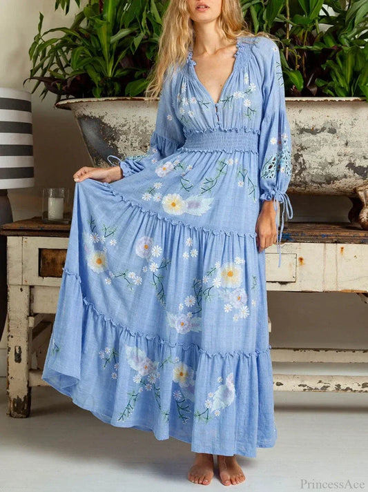 Cotton Rayon Blue Floral Embroidery Boho Dress