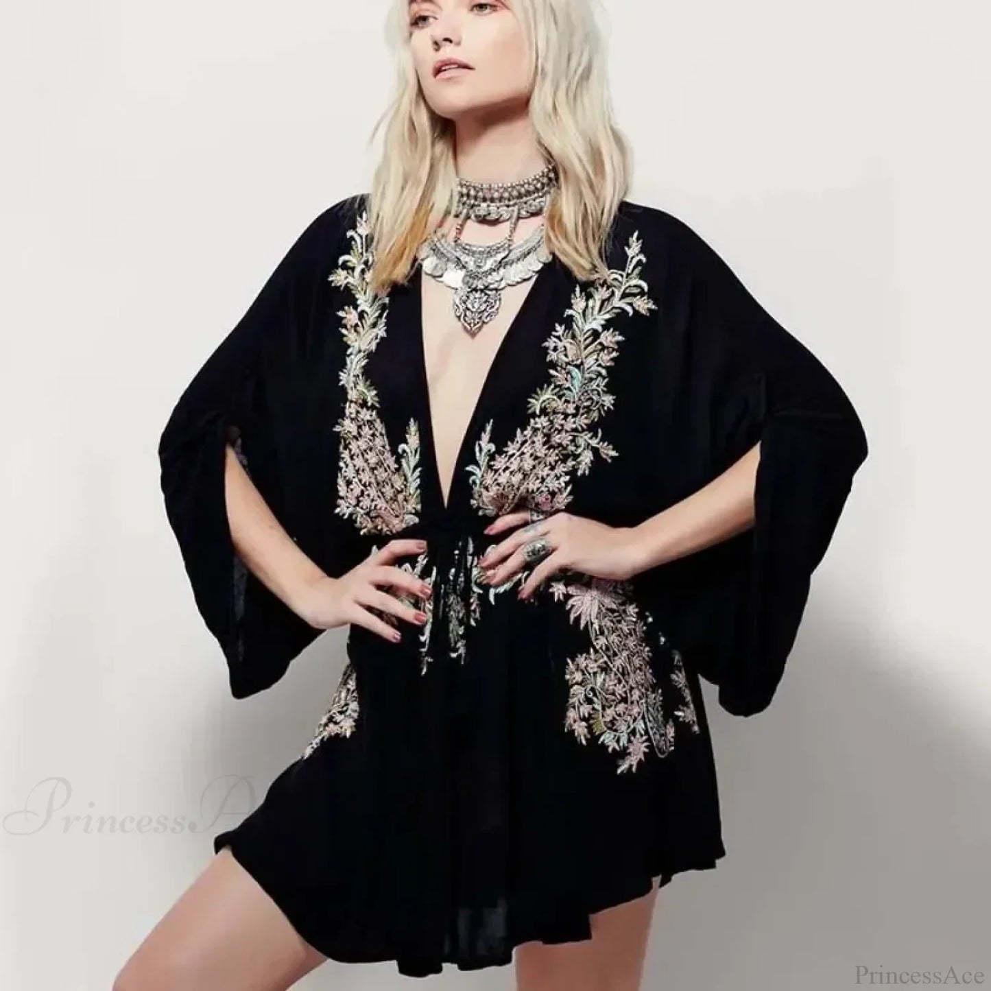 Cotton Rayon Purple Floral Embroidery Boho Dress