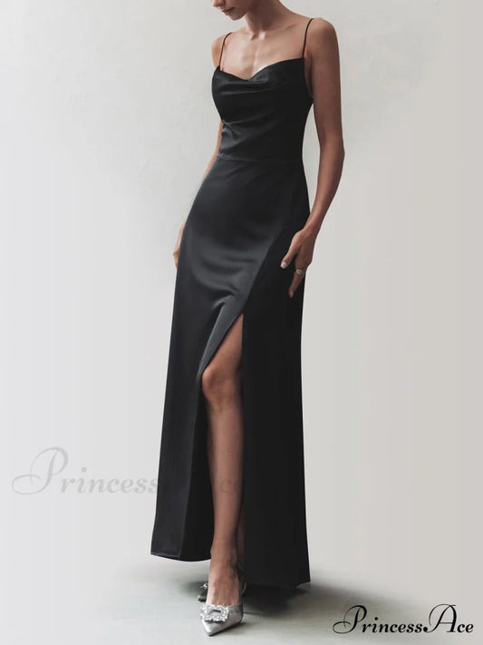 Cowl Neck Satin Trendy Slit Long Dress