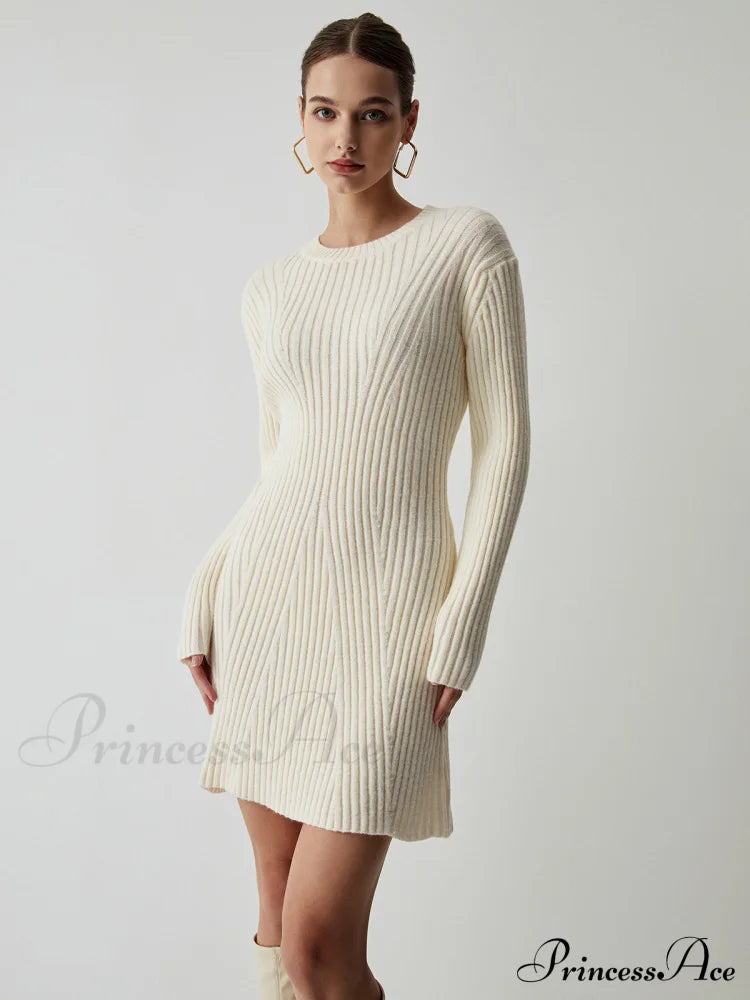 Cream Rib Long Trendy Sleeve Short Sweater Dress