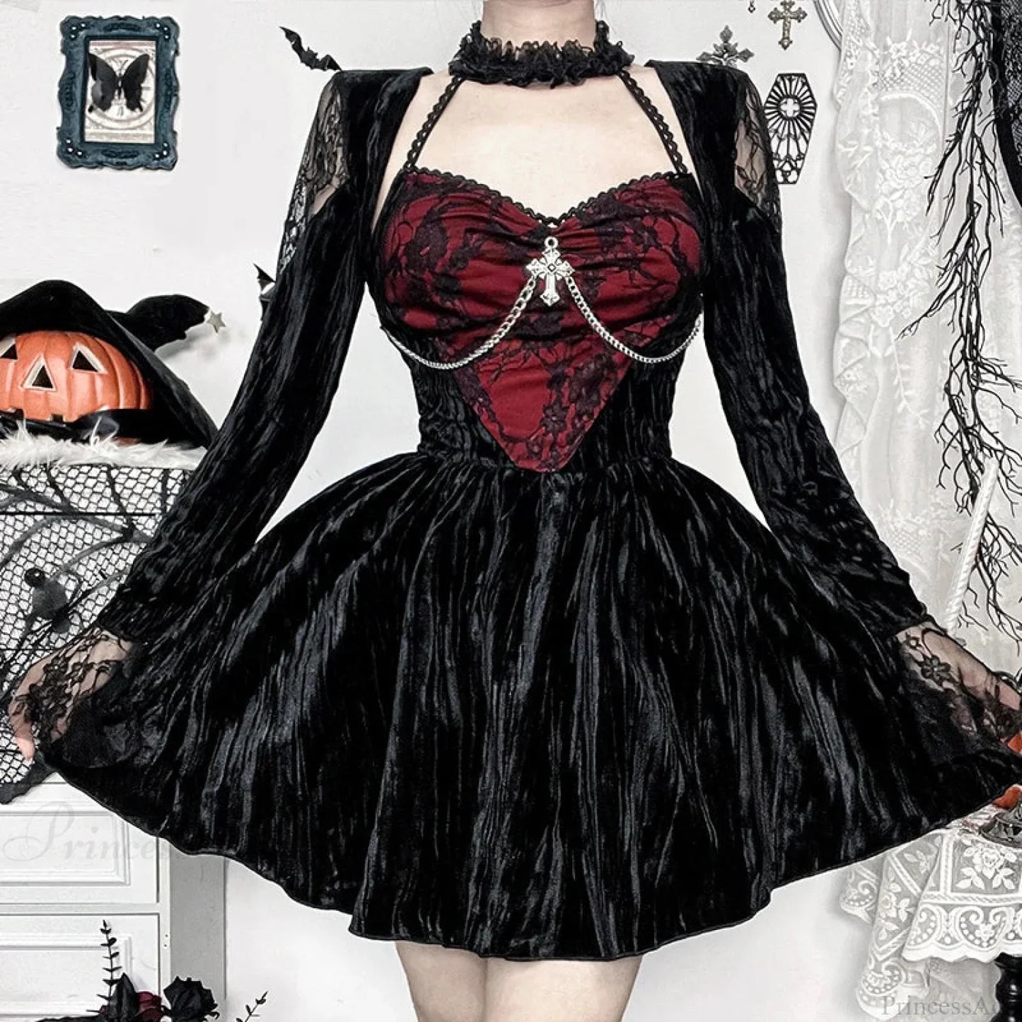 Crimson Lace Velvet Petite Dress