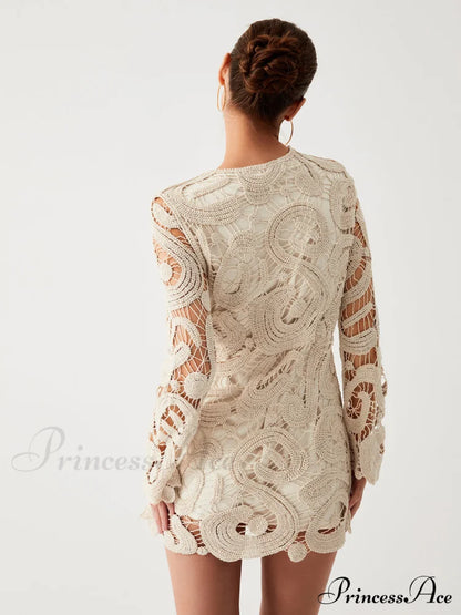 Crochet Paisley Long Trendy Sleeve Short Dress