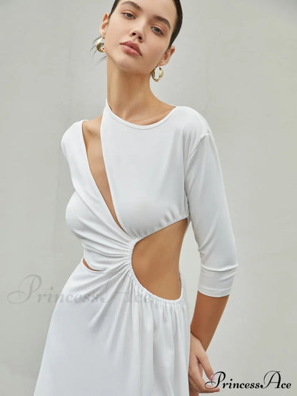 Cut Out Ruched Trendy Split Knit Maxi Dress