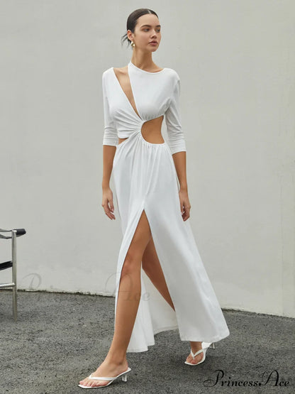 Cut Out Ruched Trendy Split Knit Maxi Dress