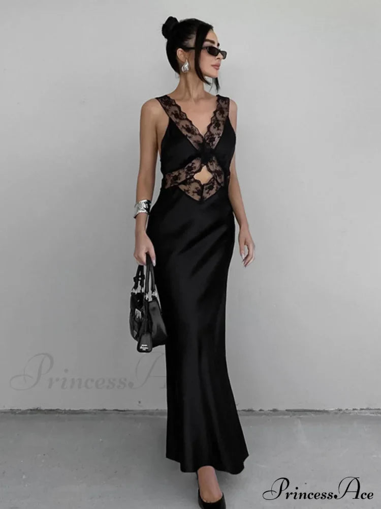 Cutout Lace Trim Trendy Stain Long Dress