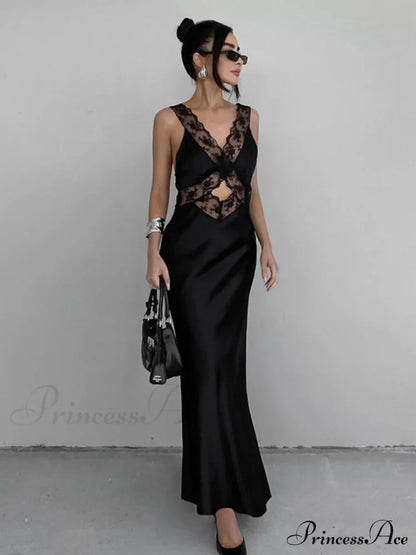 Cutout Lace Trim Trendy Stain Long Dress