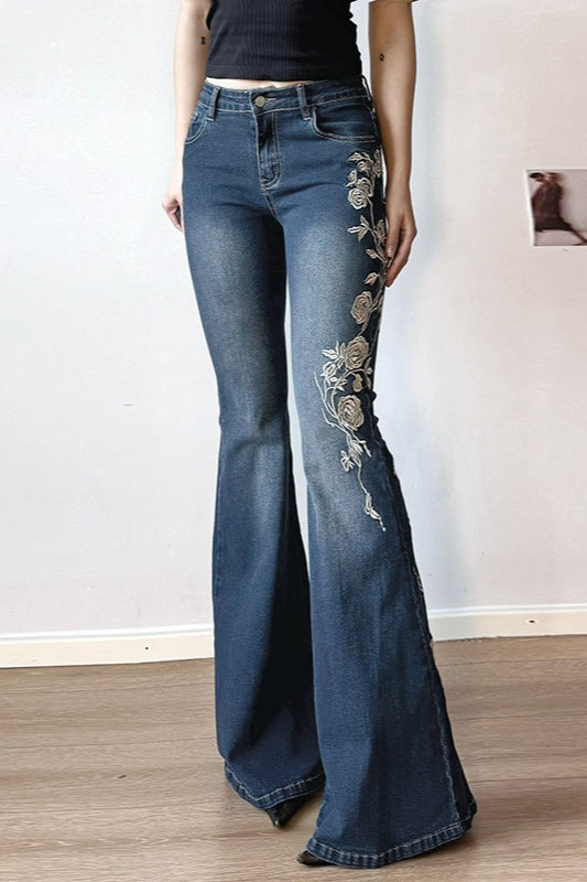 Vintage Gradient Rose Embroidery Bootcut Jeans