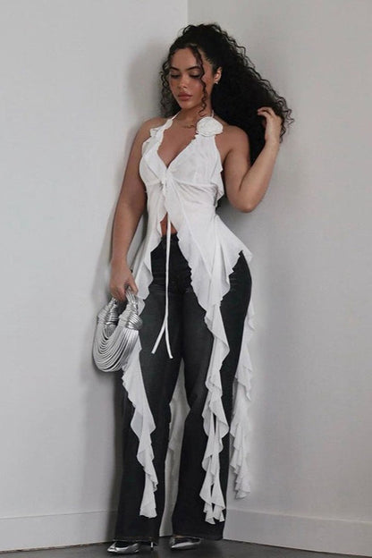 Halter Deep V Tie Back Ruffle Mesh Cami Top