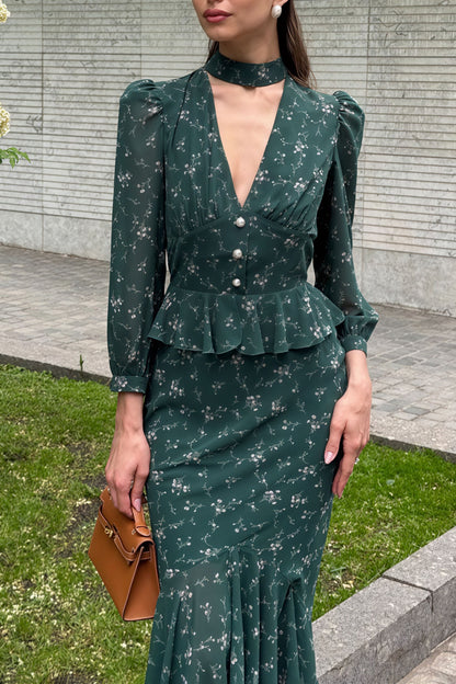 V Neck Long Sleeve Ruffled Floral Print Skirt Set