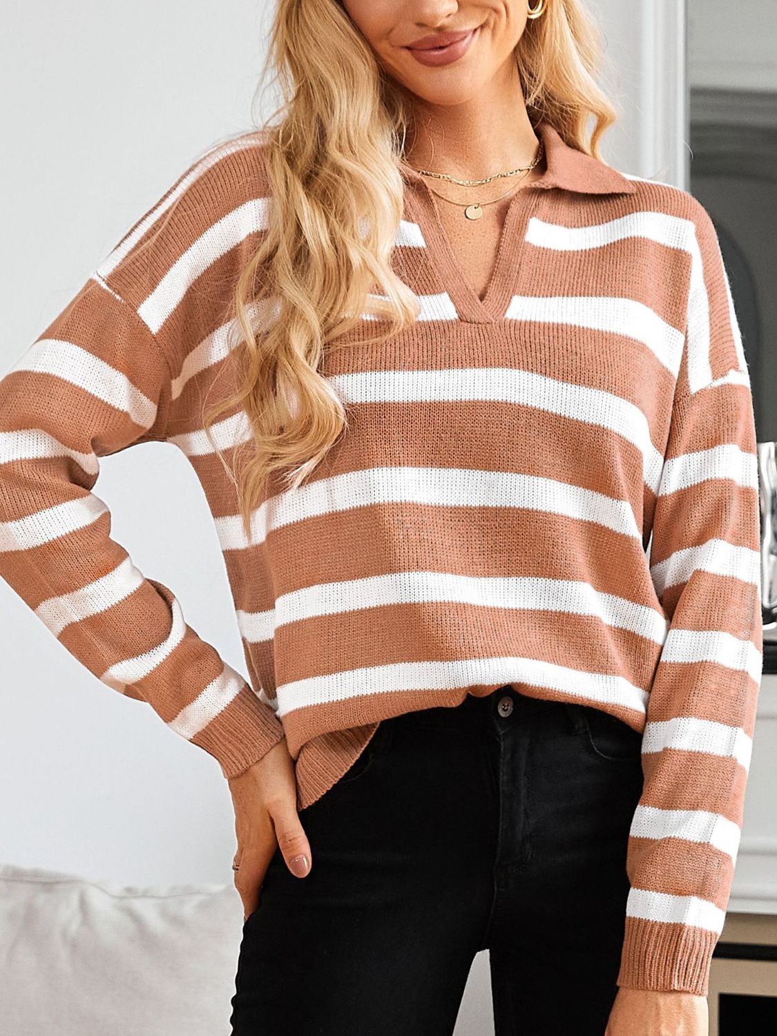 Matilde | Lots of striped long sleeve sweaters with Johnny collars