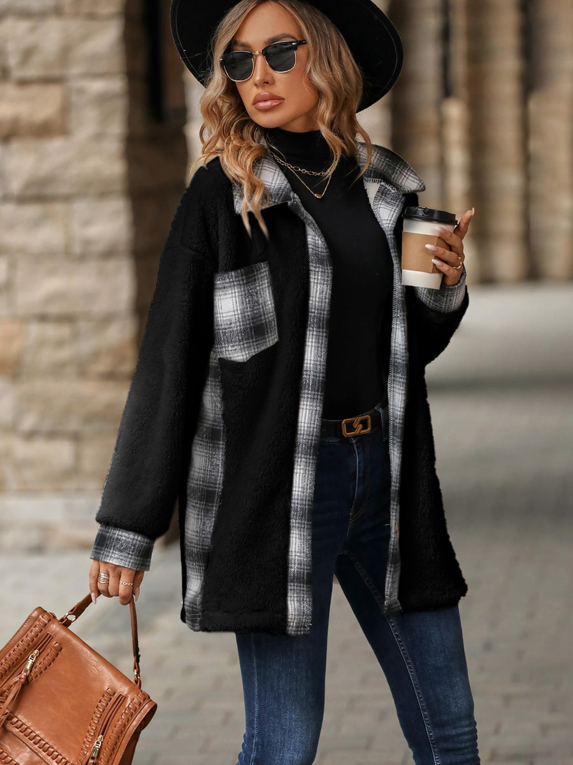 Marta | Checked buttoned fluffy outerwear with long sleeves