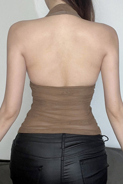 Sexy V Neck Halter Mesh Ruched Tank Top