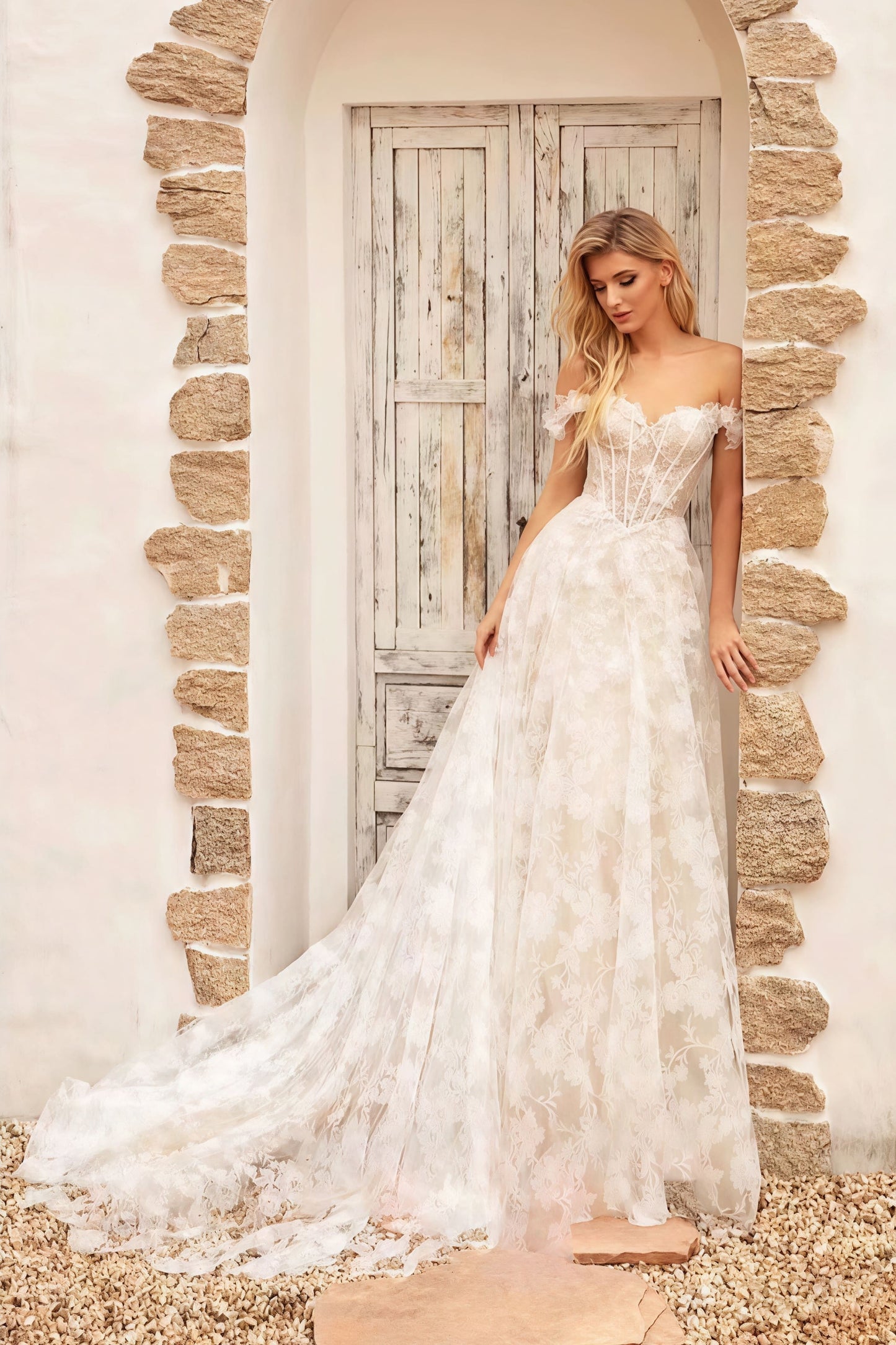 Off Shoulder Lace Applique Boned Wedding Dress