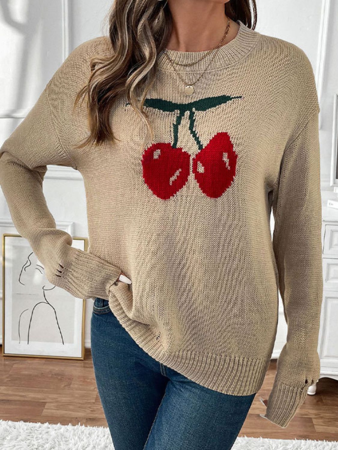 Cintia | Perfee Cherry crew neck long sleeve sweater