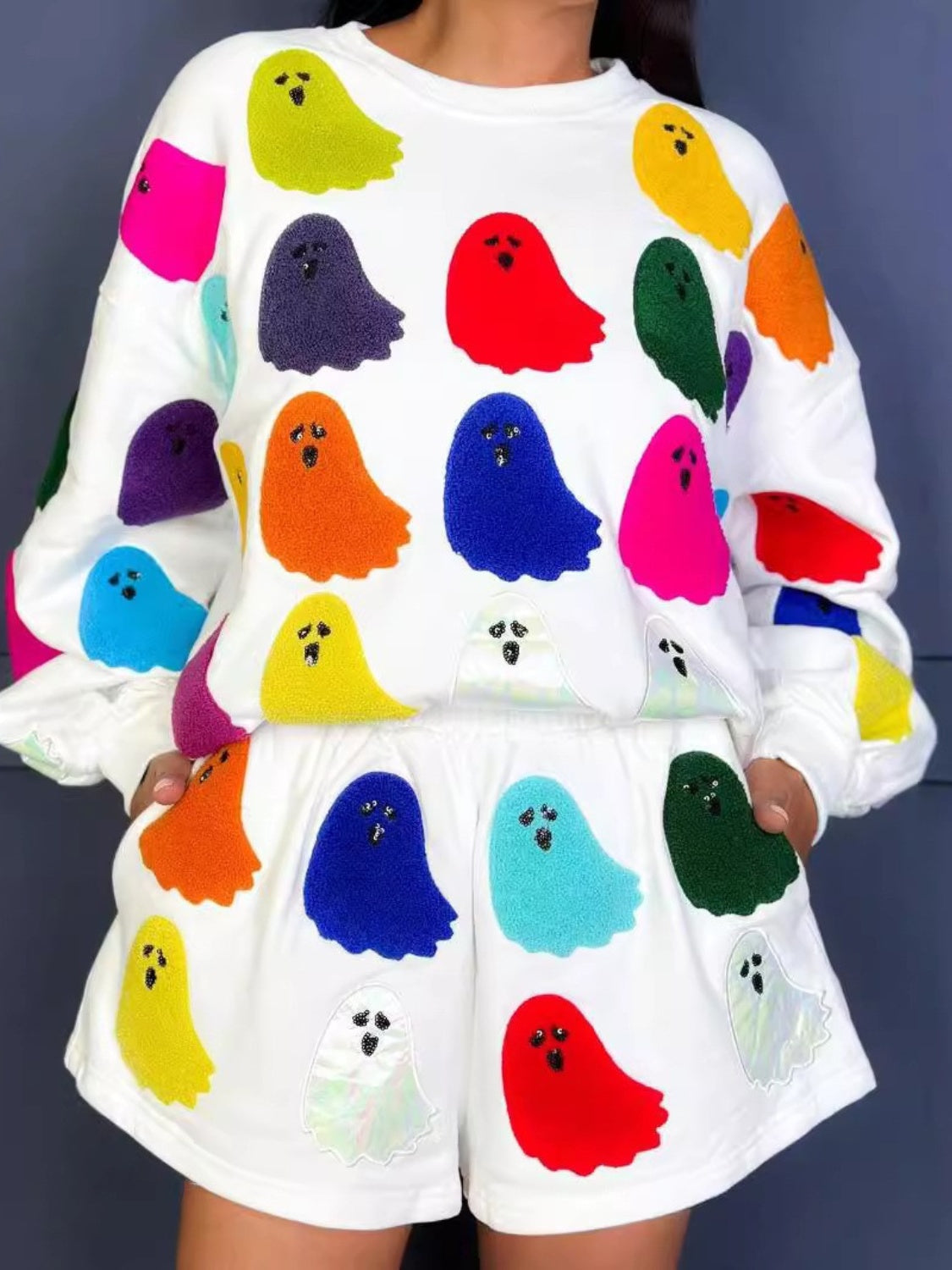 Isabel | Long sleeve crew neck top and shorts set with ghost print