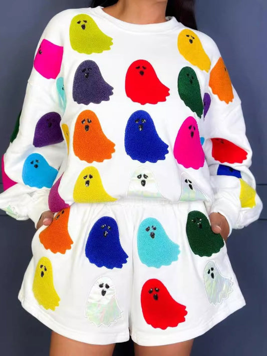 Isabel | Long sleeve crew neck top and shorts set with ghost print