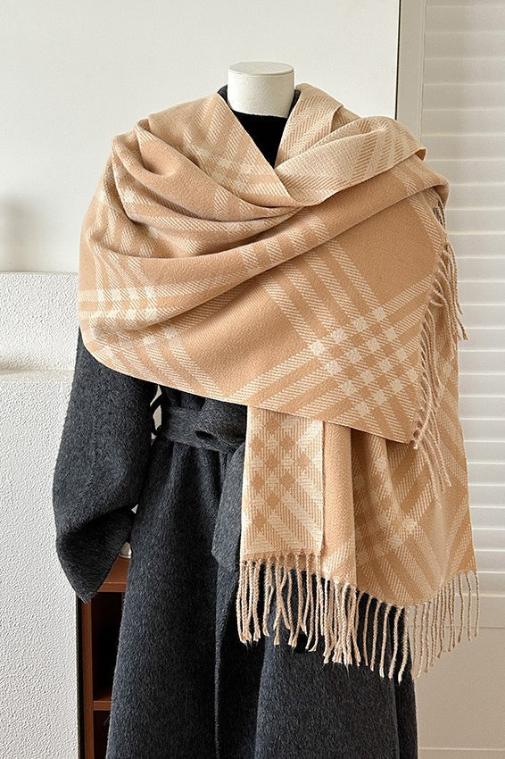 Double Faced Checkered Fringe Scarf