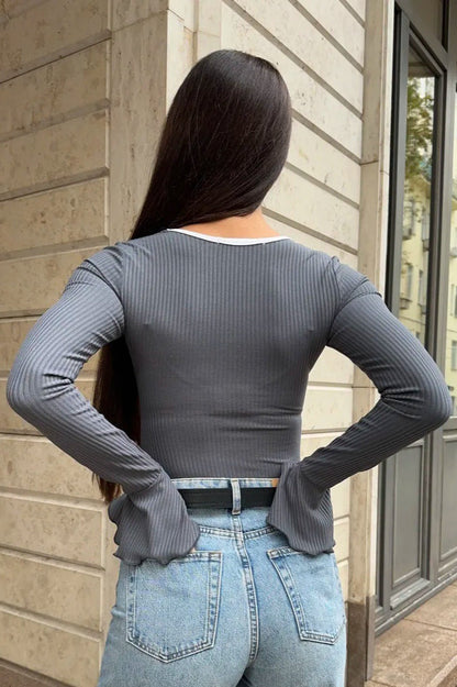 Square Neck Bell Sleeve Slim Long Sleeve Tee