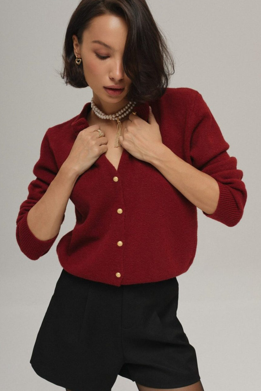 Minimalist Knitted Gold Buckle Crew Neck Cardigan