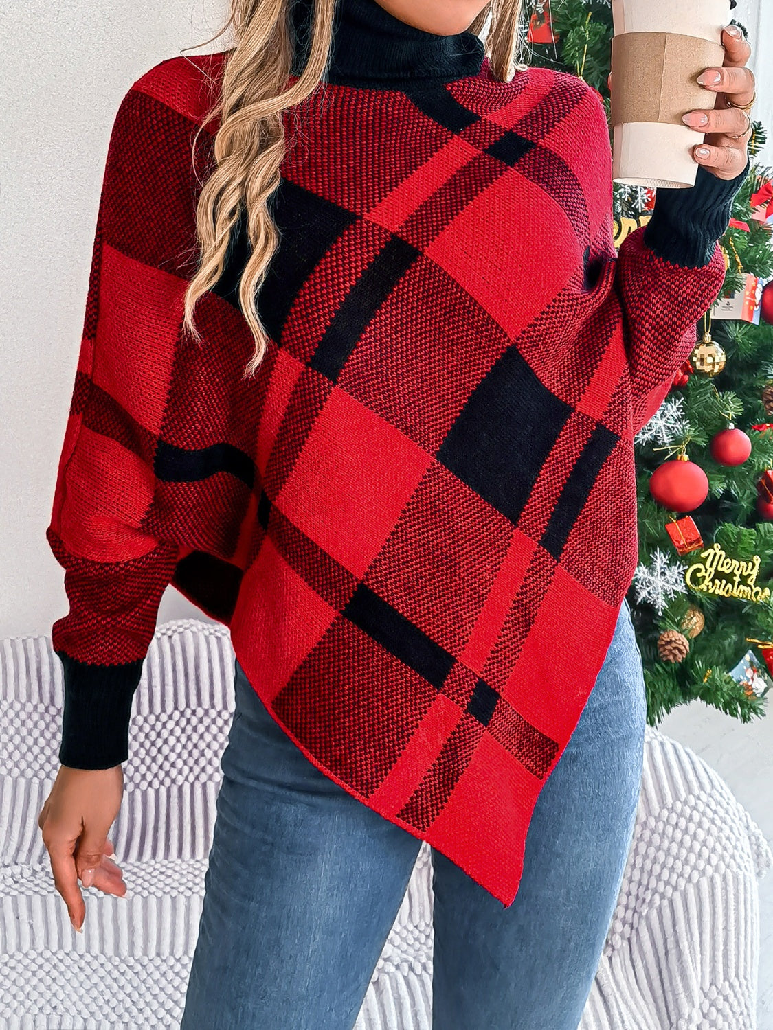 Tabea | Checked turtleneck sweater with batwing sleeves