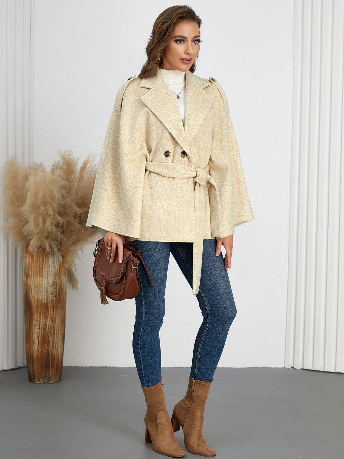 Rita | Double-breasted poncho with tie belt