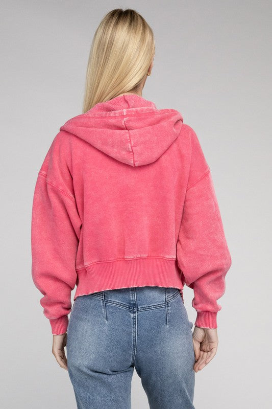 Fabiana | Cropped acid wash fleece zip-up hoodie