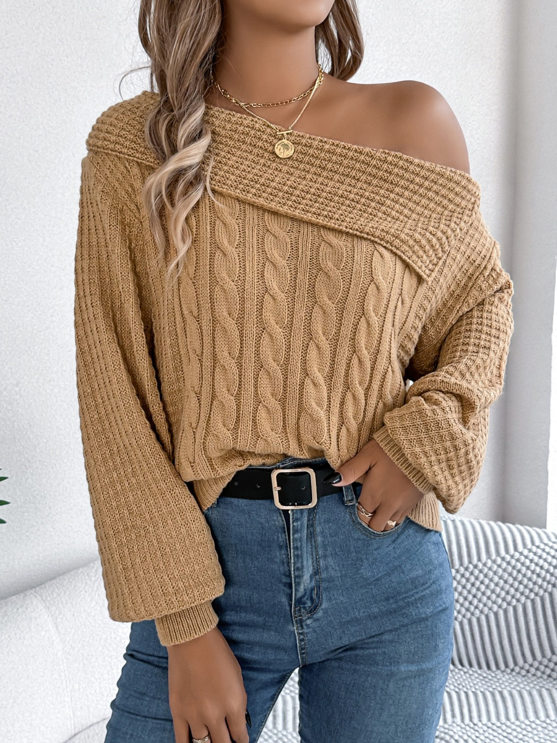 Olivia | Long sleeve cable knit sweater with one shoulder